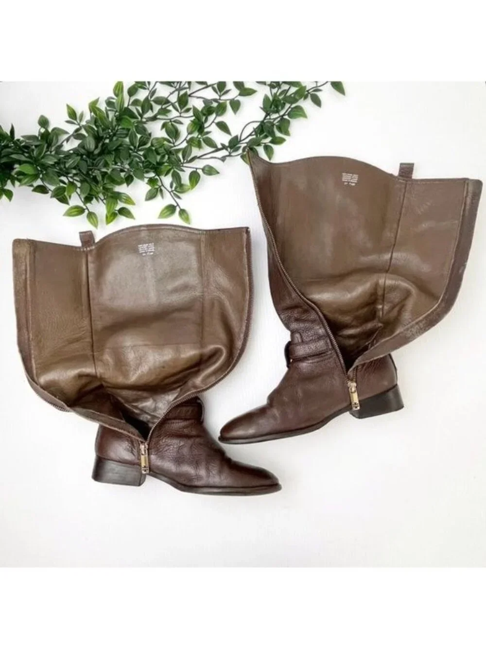 TORY BURCH Brown Leather Riding Boots with golden hardware logo strap 7.5
